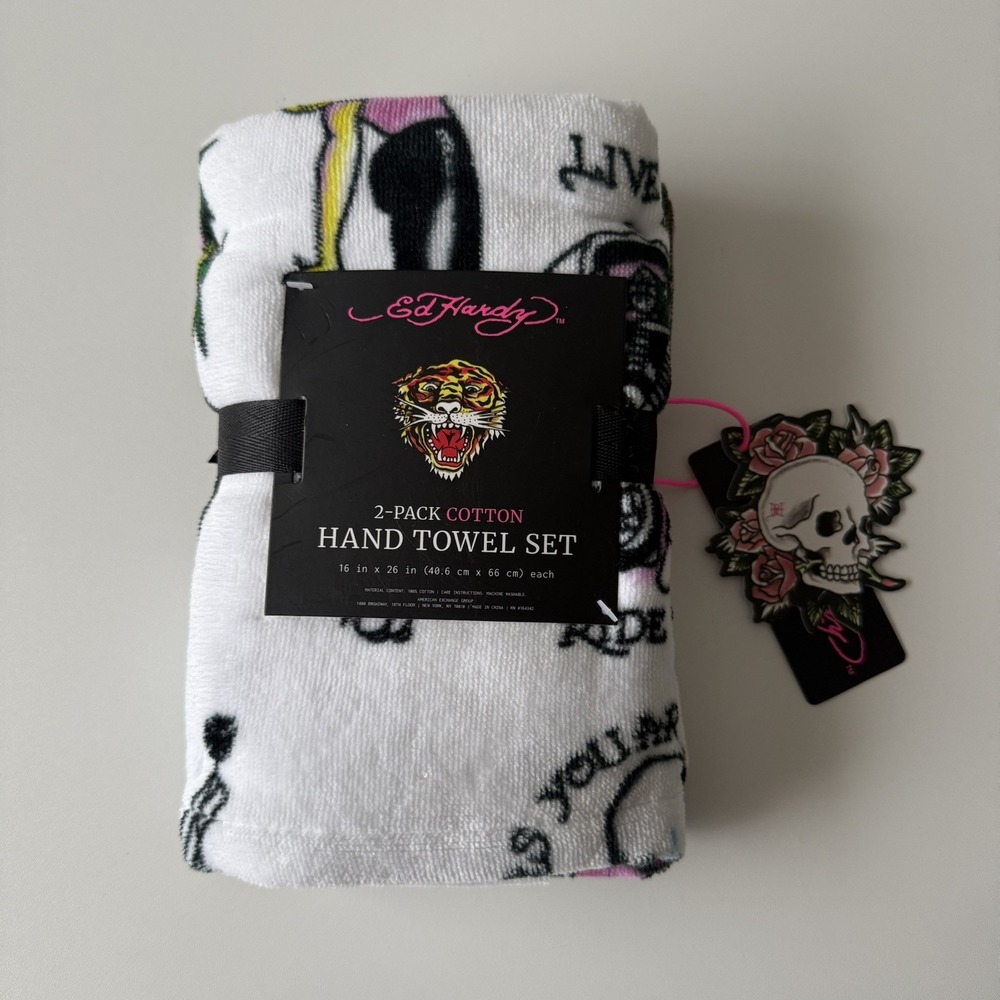 NEW Ed Hardy Hand Towel Set Tattoo Skull Woman Peacock Eagle Motorcycle 16x26